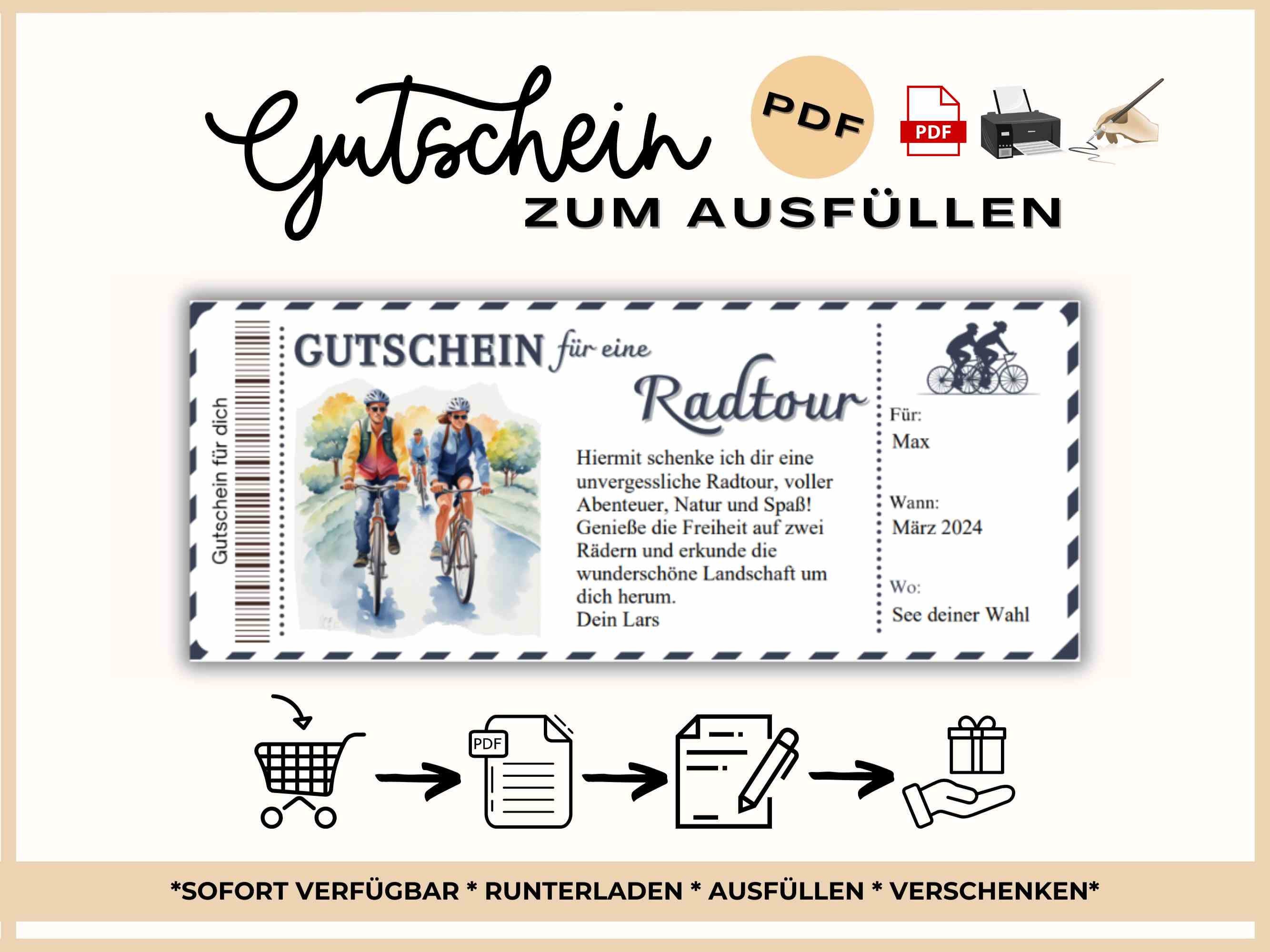 Gutschein Fahrradtour Vorlage zum Ausdrucken Geschenkidee Zeit statt