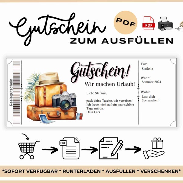 Reisegutschein zum Ausfüllen Gutschein für eine Reise Vorlage Gutschein Reise zum Ausdrucken Geschenkgutschein Urlaub | Urlaub Gutschein