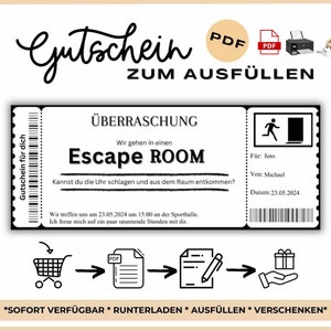 Escape Room Gutschein zum Ausfüllen | pdf zum Ausdrucken | Escape Room Gutschein Vorlage | Abendteuer Gutschein Rätsel | Erlebnisgutschein