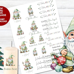 Gnome Christmas candle tattoo template PDF Christmas Advent Gnome Dwarf Christmas time Xmas candle tattoo candle sticker green
