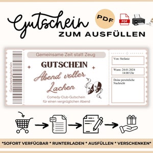Puede incluir: Un vale de regalo digital con las palabras "Gutschein ZUM AUSFÜLLEN" en una escritura decorativa. El certificado incluye campos para el destinatario, la fecha y un mensaje personal, con el texto "Abend voller Lachen" y un tema de club de comedia.