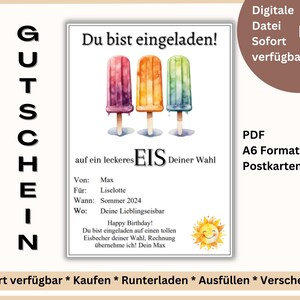 Gutschein Eis Essen Gehen Vorlage zum Ausdrucken PDF Einladung Gutscheinvorlage Gutschein Vorlage Eisbecher Zeit statt Zeug Postkarte A6