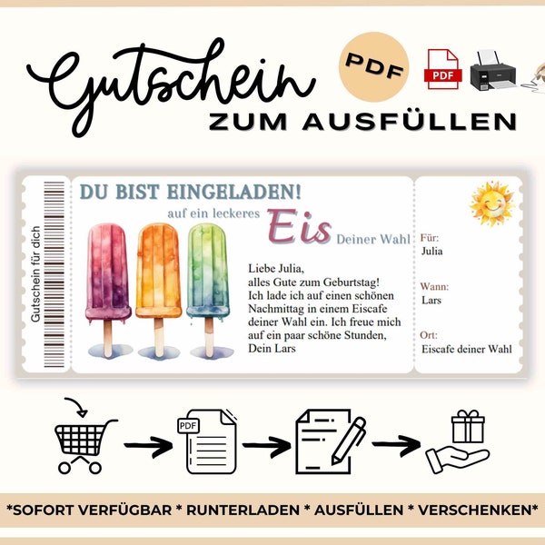 Gutschein Eis Essen Gehen Vorlage zum Ausdrucken PDF Einladung Gutscheinvorlage Gutschein Vorlage Eisbecher Zeit statt Zeug Ticketformat