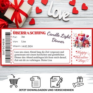 Voucher Candle Light Dinner Valentine&#39;s Day personalizable Voucher Template Voucher template to print Gift voucher