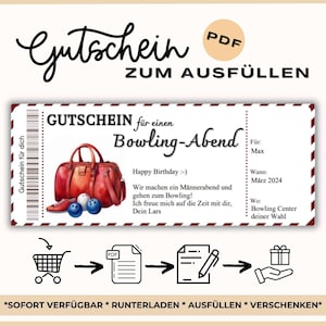 Personalisierter Bowling Gutschein im Ticket Design als PDF zum Ausdrucken und Bearbeiten – Geschenkidee für Bowling Fans