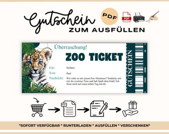 In te vullen dierentuinbezoekvoucher | Dierenparkbon om te ontwerpen | Voucher voor een uitstapje naar de dierentuin om uit te printen | Cadeaubon