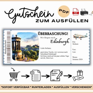 Kupon podróżny do Edynburga do wypełnienia Voucher podróżny na wakacje Wycieczka po Edynburgu Miesiąc miodowy w Edynburgu Krótka wycieczka do Edynburga