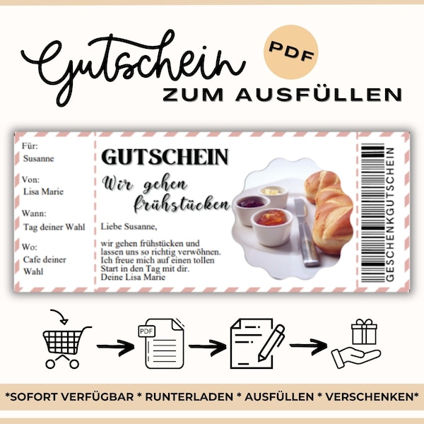 Personalisierbare Gutschein Frühstück Vorlage frühstücken gehen Gutscheinvorlage zum Ausdrucken Frühstück selbstgestalten Geschenkgutschein