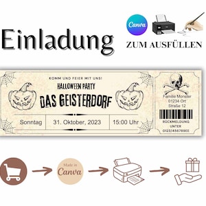 Halloween Invitation Ticket Template | Canva Halloween Party Invitation | Printable Invitation Cards for Kids and Adults | Instant Download