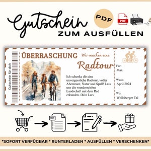 Op de afbeelding: Een printbaar cadeaubon voor een verrassingsfietstocht. De cadeaubon bevat een aquarelillustratie van drie mensen die fietsen op een pad door een bos. De tekst op de cadeaubon luidt "We maken een verrassingsfietstocht".