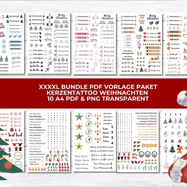 Super XXXXL Bundle Kerzentattoo Kerzensticker Weihnachten PDF Vorlage Kerzentattoo Kerzensticker Kerzen Wasserschiebefolie Download 10 PDF