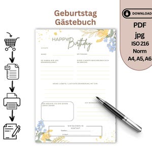 Gästekarte DIY Geburtstag zum Ausfüllen und Gestalten mit Blumenmuster Gästebuch Geschenk Frau Freundin Kollegen Familie Last Minute Idee
