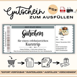 Reisegutschein Kurztrip | Gutschein für einen Kurzurlaub Vorlage | Gutschein Urlaub zum Ausdrucken | Geschenkidee Zeit statt Zeug | Reise