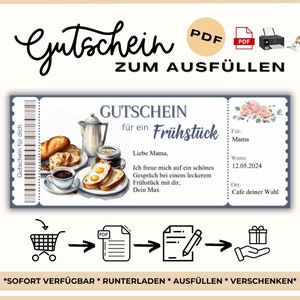 May include: A printable PDF voucher for a breakfast with a blue and white design. The voucher features a breakfast scene with a coffee cup, eggs, bread, and a coffee pot. The text on the voucher reads "Gutschein für ein Frühstück" and "Liebe Mama, Ich freue mich auf ein schönes Gespräch bei einem leckerem Frühstück mit dir, Dein Max".