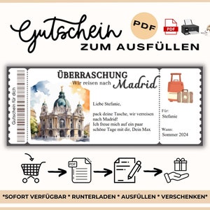 Madrid Ausfüllbarer Gutschein Reise Madrid Reisegutschein Madrid  Geschenkgutschein Urlaub Madrid  Hochzeitsreise Rundreise Madrid