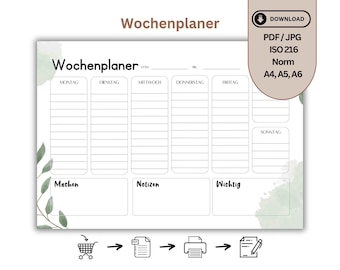 Wochenplaner A4 und A3 PDF Vorlage | To Do Liste & Wochenübersicht zum Ausdrucken | Familienplaner Terminplaner minimalistisch | lind grün
