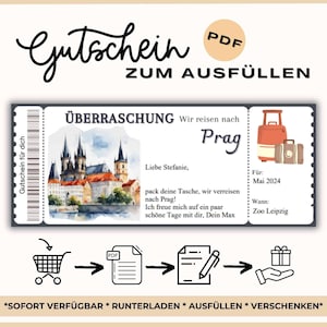 Gutschein Prag Reise | Reisegutschein Urlaub Prag | Geschenkgutschein Städte Tour Prag | Vorlage zum Ausdrucken
