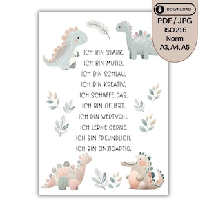 Póster de afirmación Dinos Boho, póster para habitación infantil, aumenta la confianza en uno mismo, descarga digital, regalo para niñas y niños, impresión A5-A3