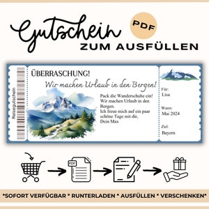 Reisvoucher vakantie in de bergen | Voucher voor een reissjabloon | Voucher wandeltocht om uit te printen | Cadeau-idee tijd in plaats van spullen