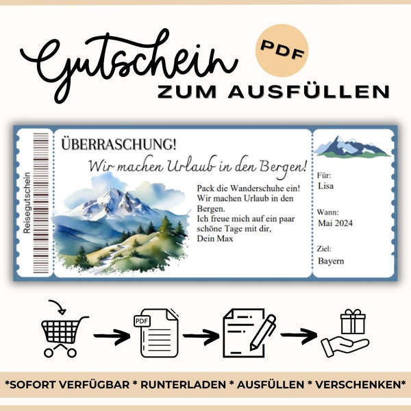 Reisegutschein Urlaub in den Bergen | Gutschein für eine Reise Vorlage | Gutschein Wandertour zum Ausdrucken | Geschenkidee Zeit statt Zeug