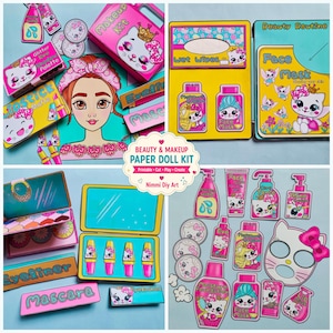 Pode incluir: Um kit de boneca de papel de beleza e maquiagem com uma personagem, vários recipientes de maquiagem e itens de cuidados com a pele. O conjunto inclui ilustrações coloridas de cosméticos com tema de gato e acessórios de beleza com texto.