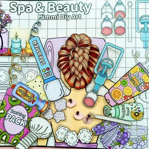 Może przedstawiać: Kolorowa ilustracja z tekstem "Spa & Beauty" i "Nimmi Diy Art". Obraz przedstawia produkty spa i kosmetyczne, w tym parownik, balsam do ciała i produkty do pielęgnacji skóry. Ilustracja ma styl kreskówkowy.