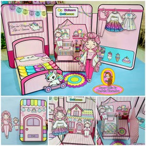 Set di bambole di carta per bambini con unicorno in 3D, stampabili su carta. Regalo per bambini, giochi per bambini, libro divertente e stimolante.