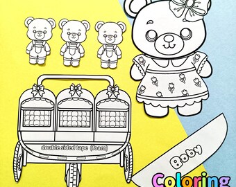 Trolley de bébé ours en peluche à colorier : kit de créations DIY en papier imprimable (téléchargement numérique)
