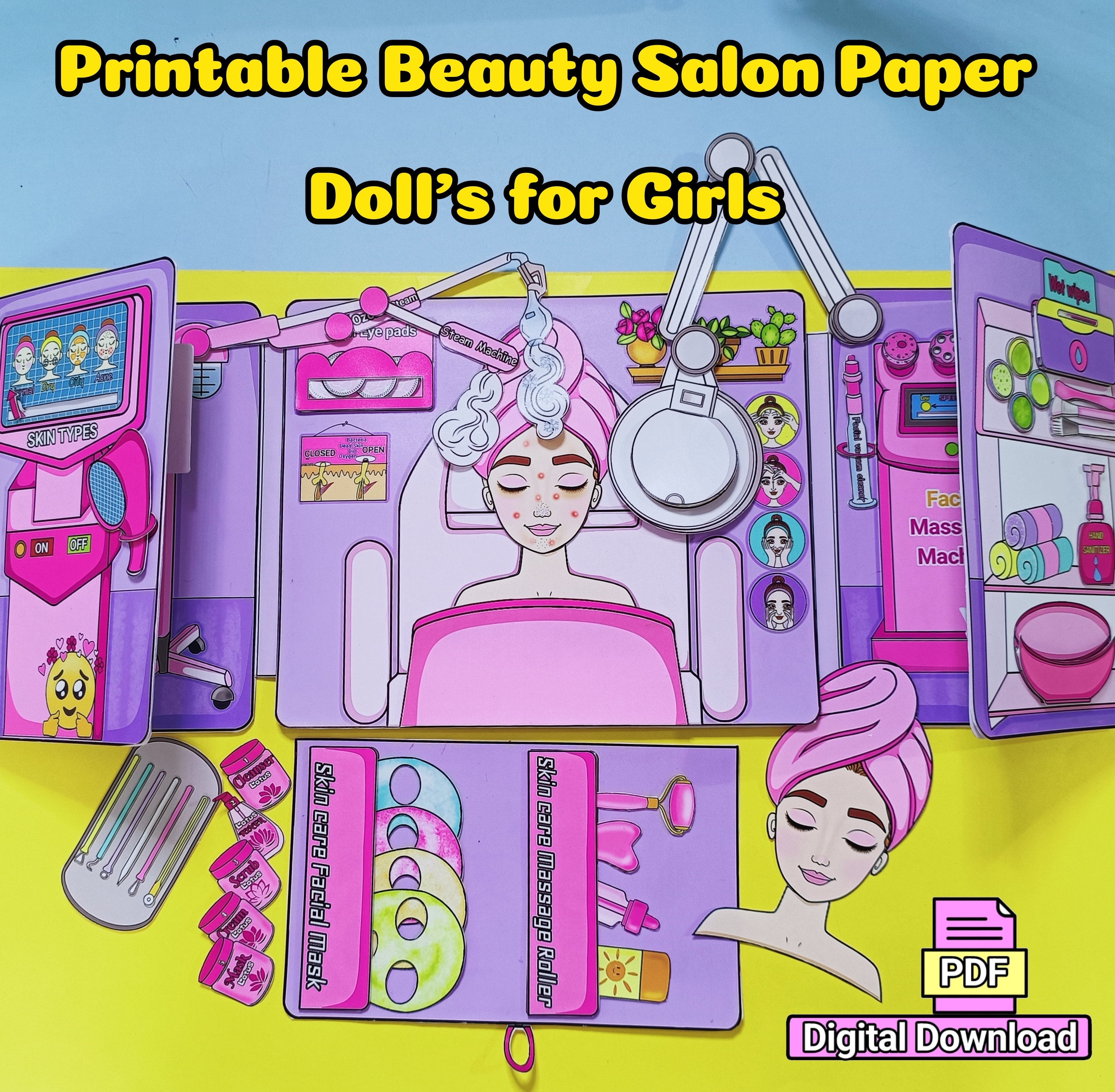 Printable Paper Doll Skin Care, Facial Beauty Salon. Template for