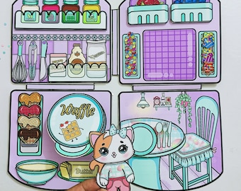 May include: Printable playset for kids featuring a purple and blue waffle shop with a refrigerator, a table, and a chair. The refrigerator has shelves with food items like butter, syrup, and soda. The table has a plate, fork, knife, and spoon. The chair has a light blue cushion. The playset also includes a cute cat character.