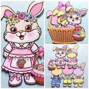 Może przedstawiać: Kolaż papierowych lalek o tematyce wielkanocnej. Główna lalka to królik w różowej sukience w kratkę i wianku z kwiatów, trzymający koszyk. Inne obrazy przedstawiają króliki w koszyku i ze zmiennymi strojami, w tym ogrodniczkami i sukienkami.