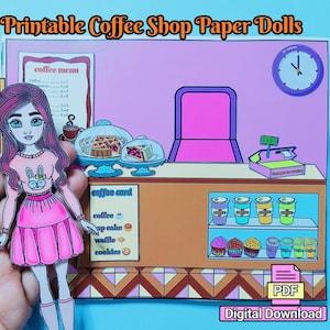 Printable Paper Coffee Shop Paper Dolls, kids play, preschool games, Toldder game for kids, Dollhouse, paper dolls