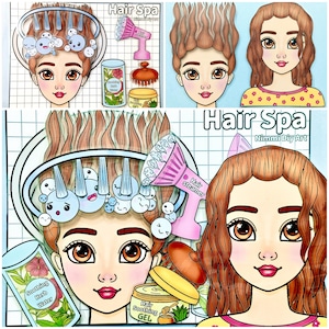 May include: A colourful illustration of a hair spa set. The image features a girl with brown hair, a hair steamer, and various hair care products. The text "Hair Spa" and "Nimmi Diy Art" are visible.