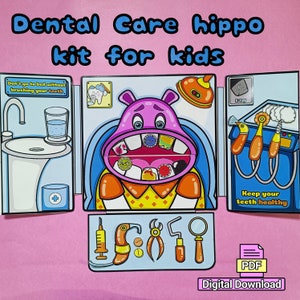 Carta stampabile per la cura dei denti, kit di giochi per bambini in età prescolare, libro di attività per i più piccoli, gioco per bambini.