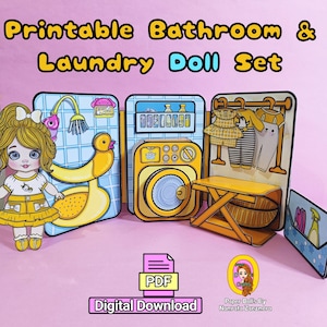 Set da bagno e lavanderia per neonati, stampabile su carta. Kit per bambini. Bambole di carta, giochi per la scuola materna, libro di attività per bambini, giochi per bambini.