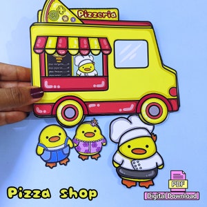 May include: A printable PDF craft activity featuring a yellow food truck with a red awning and a pizza menu. The truck has a red and yellow pizza slice on top. Three yellow duck characters are included, one wearing a chef's hat and apron, one wearing a purple floral dress, and one wearing blue overalls. The text "Pizzeria" is on the truck and "Pizza Shop" is at the bottom of the image. The text "PDF Digital Download" is in a pink rectangle at the bottom right corner.