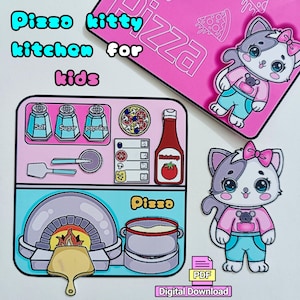 May include: A printable pizza kitchen playset featuring a cartoon kitty chef. The set includes a pizza oven, a pot, a pizza, ingredients, and a checklist. The text "Pizza kitty kitchen for kids" is at the top of the image. The text "PDF Digital Download" is at the bottom of the image.