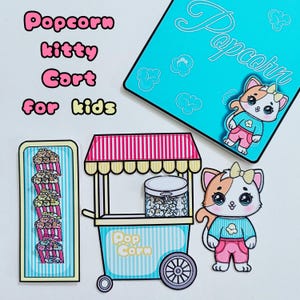 Wydrukowany papierowy wózek Popcorn Kitty dla dzieci. Prezent dla dzieci, gry dla dzieci, dzieci bawią się zabawnie i zajmują książkę.