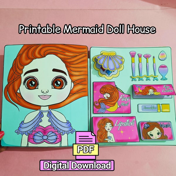 Printable Mermaid Doll House, makeup kit ,Paper Crafts busy book activities for kids, DIY Kit for kids, instant download, PDF