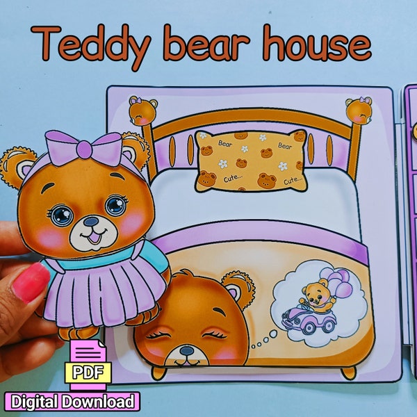 printable Paper Teddy bear house for kids, preschool games, Toddler busy book,kit for kids, printable template, Activities for kids