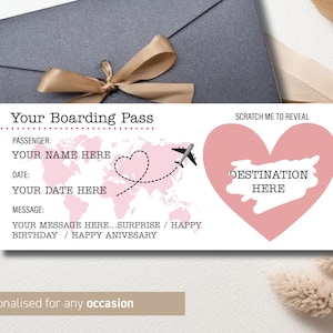 Personalisierte Scratch Reveal Bordkarte, Scratch Reveal für Überraschungsurlaub, Überraschungsurlaubszielticket, Urlaubsgeschenk, Fake Pass