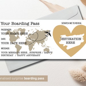 Personalisierte Scratch Reveal Bordkarte, Scratch Reveal für Überraschungsurlaub, Amsterdam Urlaubsziel Ticket, Urlaubsgeschenk Fake Pass