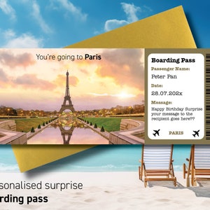 Boarding Pass to PARIS, Surprise Trip to Paris, Surprise Boarding Pass Ticket, Flight Ticket, Boarding Pass Gift with envelope & Free Tag 20
