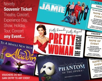Puede incluir: Una colección de entradas de recuerdo coloridas para diversos eventos, incluyendo Aladdin, Pretty Woman, El Fantasma de la Ópera y Jamie. Las entradas muestran los nombres de los espectáculos y los lugares donde se realizan.