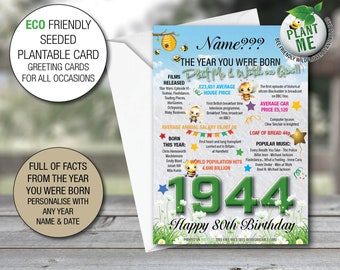 1944 80th Personalised plantable watch me grow greeting card bee friendly eco friendly wild flower card Full of UK facts for dad Grandad 40