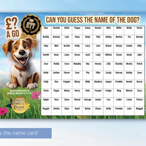 Tarjeta rasca y gana personalizada A4 DOG Adivina el nombre del juego de recaudación de fondos Fete Fair Fayre Tarjeta rasca y combina a5 - a4 - a3 26