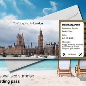 Boarding Pass to LONDON, Surprise Trip to London, Surprise Boarding Pass Ticket, Flight Ticket Boarding Pass Gift with envelope, Free tag 20