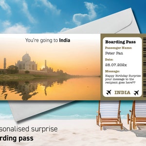 Boarding Pass to INDIA, Surprise Trip to India, Surprise Boarding Pass Ticket, Flight Ticket, Boarding Pass Gift with envelope & Gift Tag 20