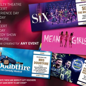 Könnte beinhalten: Vier rechteckige Geschenkgutscheine mit Veranstaltungsthemen wie Six the Musical, Mean Girls, Mrs. Doubtfire und dem Boyle Sports World Grand Prix of Darts. Jeder Gutschein zeigt Veranstaltungsdetails, Namen und eine Einlassnummer auf einem weißen Feld.