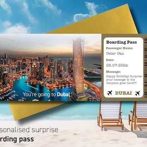 Boarding Pass to DUBAI, Surprise Trip to Dubai, Surprise Boarding Pass Ticket, Flight Ticket, Boarding Pass Gift with envelope & Free tag 20